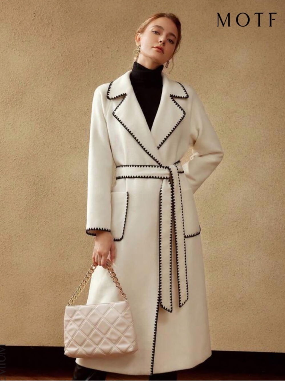MOTF Cream Long Coat with Black Trim